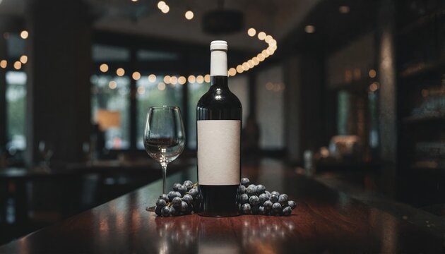 Sophisticated wine bottle with a white label in a moody restaurant setting