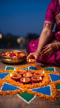 Henna decorated hand placing lit clay lamp on marigold and colored powder rangoli at blue hour dusk