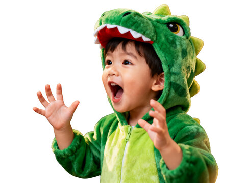 Fuzzy green dinosaur costume, happily worn by a wide-eyed child with open mouth and raised hands, against soft golden bokeh, perfect for enchanting