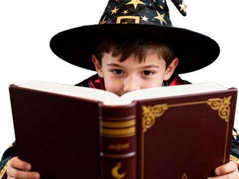 Inquisitive young wizard, eyes visible above a crimson spellbook, wearing a black hat with golden stars against a dark backdrop