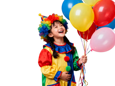 Joyful child clown, vivid rainbow wig, primary-colored costume, laughing with bright balloons on dark, ideal for Halloween fun.