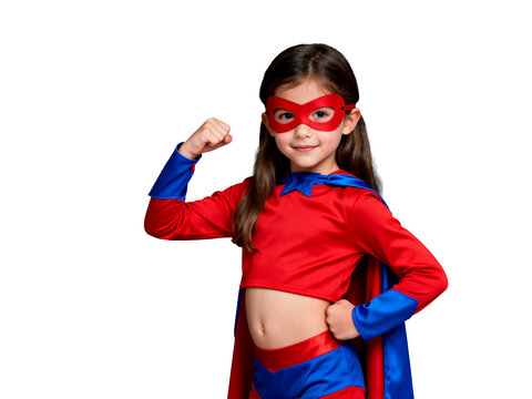 Radiant Halloween hero girl,  red and blue costume, flowing cape, eye mask, strikes confident pose against dark background, perfect for festive event