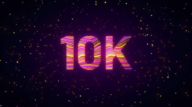Dynamic 3D animation of a rotating 10K number with flowing purple, yellow, and magenta light trails, glowing particles, and cosmic sparkles creating a futuristic digital achievement scene.
