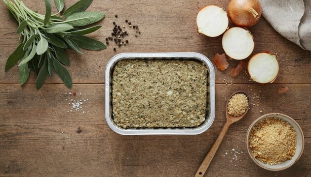 Traditional herb stuffing on rustic wood table