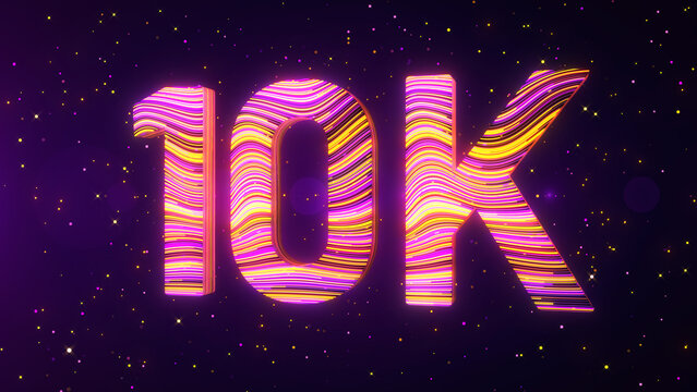Large perspective view of a futuristic 3D 10K number featuring vibrant purple, yellow, and magenta flowing lines, luminous edges, and glowing particles against a dark cosmic background.
