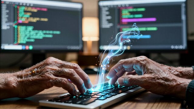Elderly hands type on glowing keyboard, code streams rise from screens behind.