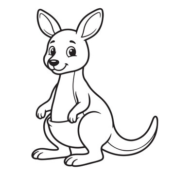 Cute cartoon kangaroo outline line art illustration. Black and white Australian animal character with pouch for kids coloring page activity book.