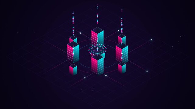 Neon Isometric Data Processing Grid with Floating Holographic Cubes and Digital Particle Network