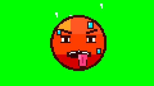 Ultra-crisp 4K resolution pixel art animation of an overheated hot face emoji featuring a feverish red-orange gradient, exhausted eyes, panting open mouth with a floppy hanging tongue, dripping sweat