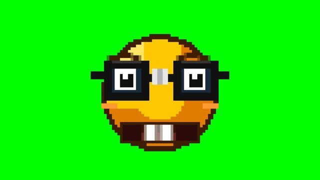 Ultra-crisp 4K resolution pixel art animation of a classic nerd face emoji featuring thick horn-rimmed glasses with center tape repair, prominent buck teeth, animated eyebrows, and diagonal lens