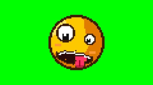 Ultra-crisp 4K resolution pixel art animation of a silly zany face emoji featuring wild misaligned eyes with rolling pupils, an asymmetrical open grin, and a floppy wagging tongue.