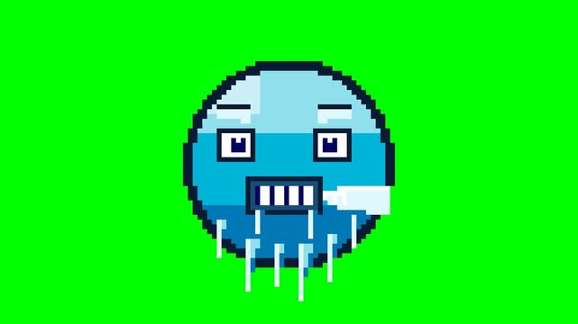 Ultra-crisp 4K resolution pixel art animation of a freezing cold face emoji featuring a glacial blue gradient, shivering eyes with frosted eyebrows, chattering teeth, hanging icicles, and exhaled cold