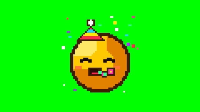 Ultra-crisp 4K 2D pixel art Partying face emoji featuring colorful striped party hat, blowing party noisemaker horn, happy squinting eyes, and festive fluttering pixel confetti on chroma key
