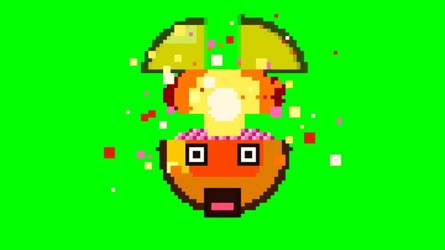 Ultra-crisp 4K resolution pixel art animation of a mind blown exploding head emoji isolated on a pure chroma key green screen. Features a perfectly continuous seamless loop with dramatic buildup