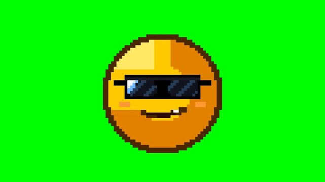 Ultra-crisp 4K 2D pixel art Cool face emoji with stylish dark sunglasses featuring a sweeping shiny lens glint and confident smirk on chroma key green background.