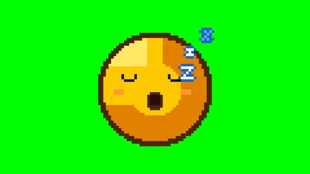 Ultra-crisp 4K 2D pixel art Sleeping face emoji featuring peaceful closed eyes, subtle breathing motion, and rising, fading Zzz snore particles on chroma key green background.