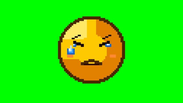 Ultra-crisp 4K 2D pixel art Crying face emoji featuring sad downturned mouth, tearful eyes, and alternating flowing teardrops on chroma key green background.