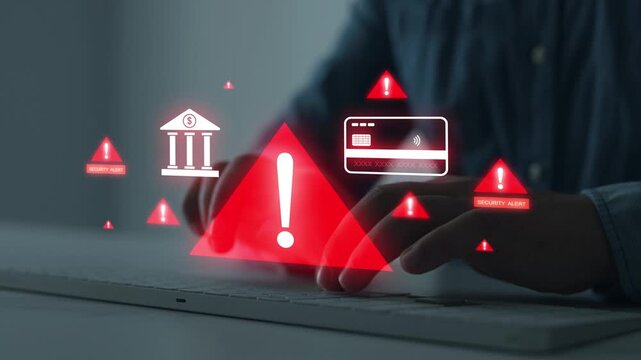 Bank fraud and phishing security alert concept showing financial warning symbols, suspicious payment activity and data protection risks, representing online scams and cyber security threat.