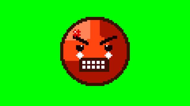 Ultra-crisp 4K 2D pixel art Angry face emoji featuring color-flushing red state, intense angry brows, clenched teeth, and steam puffing from nostrils on chroma key green background.