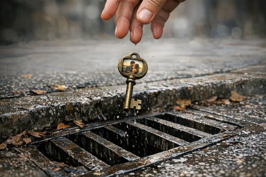 A person struggles to retrieve a key from a manhole, a potentially difficult situation