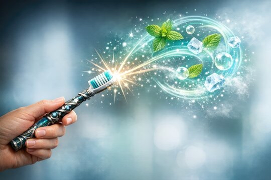A person holds an unconventional toothbrush with green leaves, likely for oral hygiene or as a decorative prop