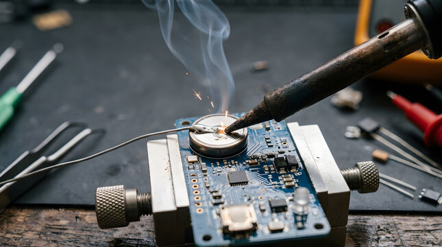 Precision Soldering Iron Repairing Electronic Circuit Board | Soldering Component on Circuit Board with Smoke Close Up | Electronics Repair Technician Soldering Circuit Board Component
