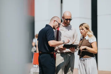 Fotobehang Bosdieren Three business colleagues stand outdoors reviewing a tablet together. They discuss documents and information during a casual outdoor meeting.  © qunica.com