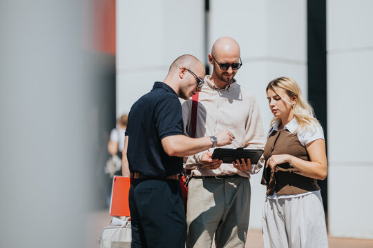 Three business colleagues stand outdoors reviewing a tablet together. They discuss documents and information during a casual outdoor meeting.