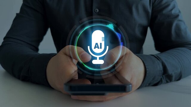 AI voice Assistant concept with microphone and digital speech interface, showing a user asking questions to an artificial intelligence chatbot through voice recognition and conversational technology.
