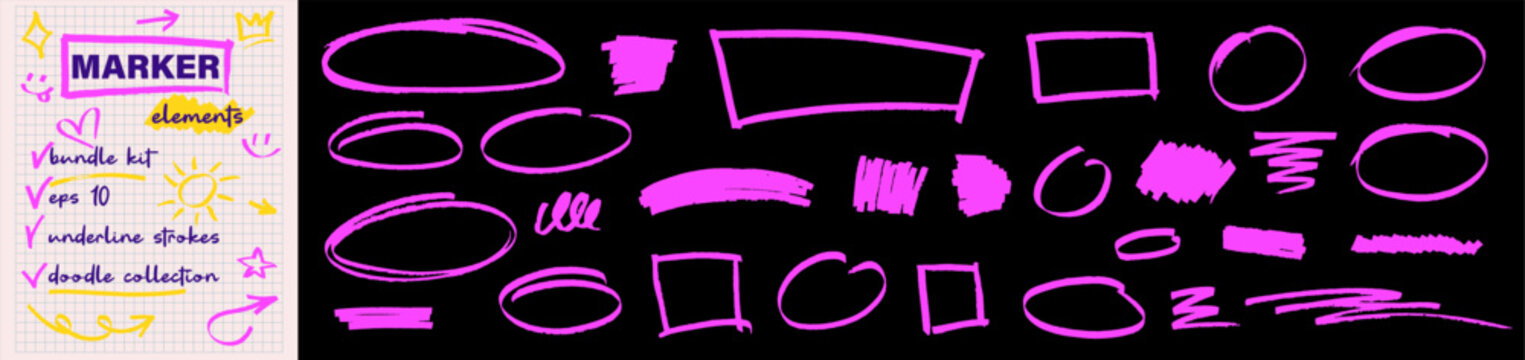 Highlighter hand drawn doodle set. Bright pink arrows, lines, underlines ovals marker illustration on dark bg. heart, crown, sun, smile face icon, wave curve, stripe and scribble shapes vector effect.