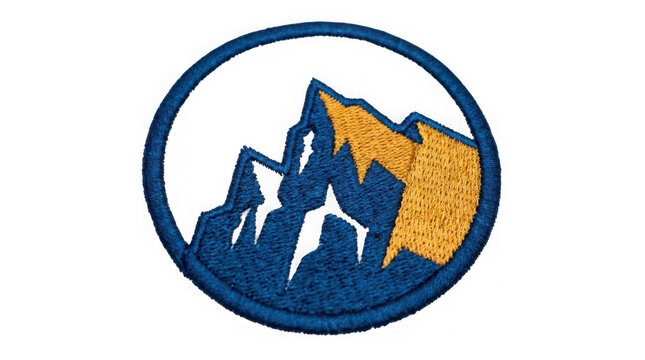 Embroidered circular patch featuring mountain peaks in blue and gold colors isolated on transparent background