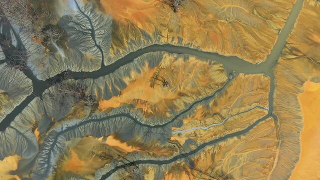  Aerial view of AMD acid mine drainage polluted waters. Natural pattern. Environmental pollution