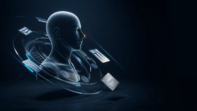 Futuristic Artificial Intelligence Interface with Digital Human Avatar and Advanced Data Visualization