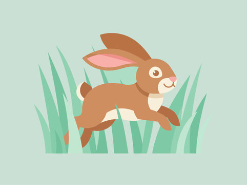 Rabbit running through grass flat vector illustration