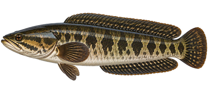 Northern snakehead freshwater fish with dark brown chevron markings and long dorsal fin side view
