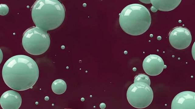 Elegant abstract video background with floating light mint green serum bubbles against a deep burgundy background, forming an organic frame for luxury cosmetic product presentation