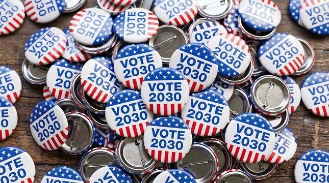 Political badges decorated with stars and stripes sit in a large pile to promote civic participation in the election.