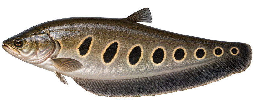 Clown featherback knifefish freshwater fish with dark spots yellow ring markings side view
