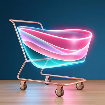 Glowing neon shopping cart with pink and blue light waves, rose gold frame on wooden floor against dark blue background