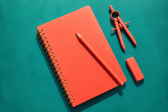 A red spiral notebook, a pencil, and a pair of scissors are arranged on a teal surface.