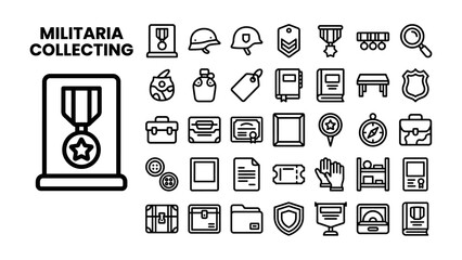 Fototapeta premium Militaria Collecting Icon Set: A comprehensive collection of outline icons dedicated to the hobby of militaria collecting, featuring badges, medals, helmets, and historical artifacts.