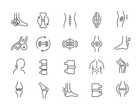 Orthopedic pain, injuries and rehabilitation line icons with editable stroke