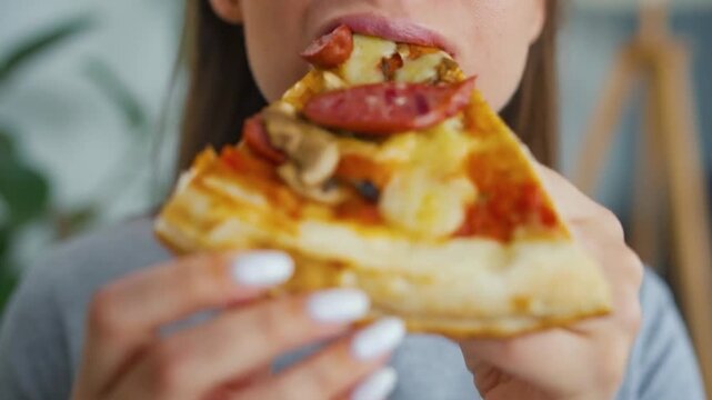 Close up woman eating piece of pizza. female tasting fragrant traditional Italian pizza. girl holding snack tasty of delivery. man eat delicious fast food. satisfied. lunch dinner meal. chewing mouth