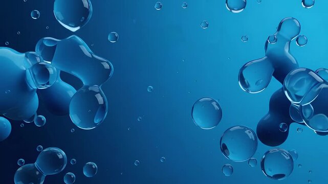 Abstract 3D water blue droplets video background featuring floating organic spheres and bubbles creating a clean frame, perfect for modern cosmetic, skincare, and aquatic product presentation