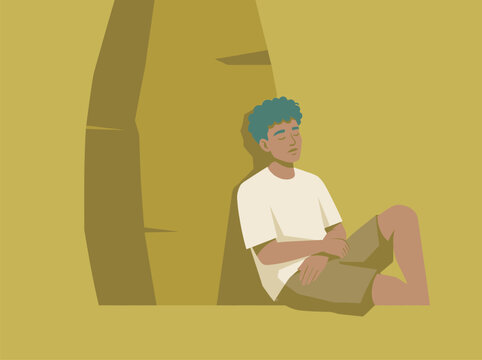 Man reading a book near a rock cliff flat vector illustration