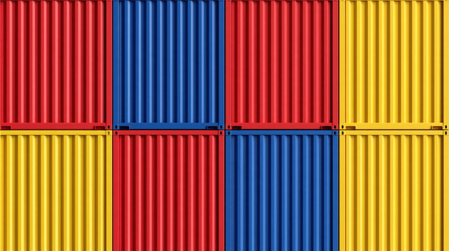 Stacked shipping container wall in bold red blue and yellow colors, industrial cargo storage background with repeating vertical metal rib pattern