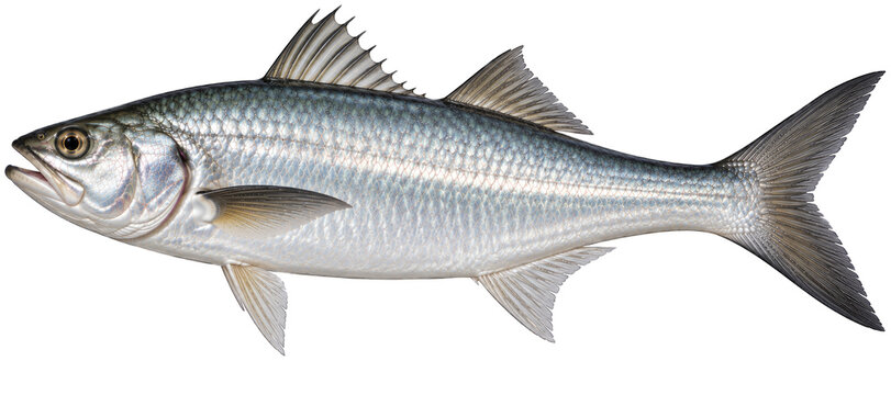 Fourfinger threadfin marine fish with silver body and dark spiny dorsal fin side view