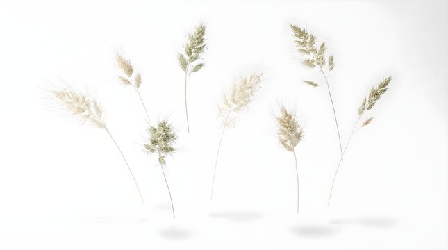 Delicate wild grass seed heads floating against a clean white background, creating an airy minimalist botanical composition with natural movement.