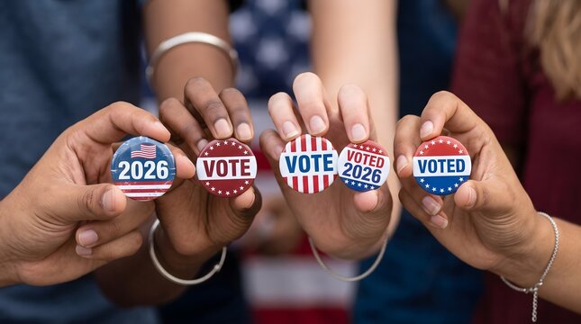 Diverse group of people holds small patriotic buttons with text indicating participation in the democratic election process for 2026.