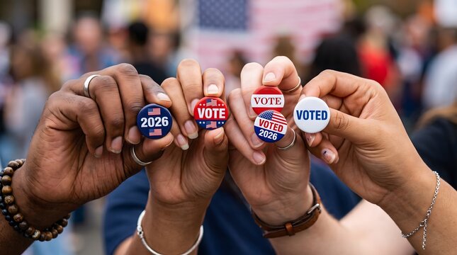 Diverse group of people holds up patriotic election buttons to show civic engagement in a vibrant public setting for editorial coverage.